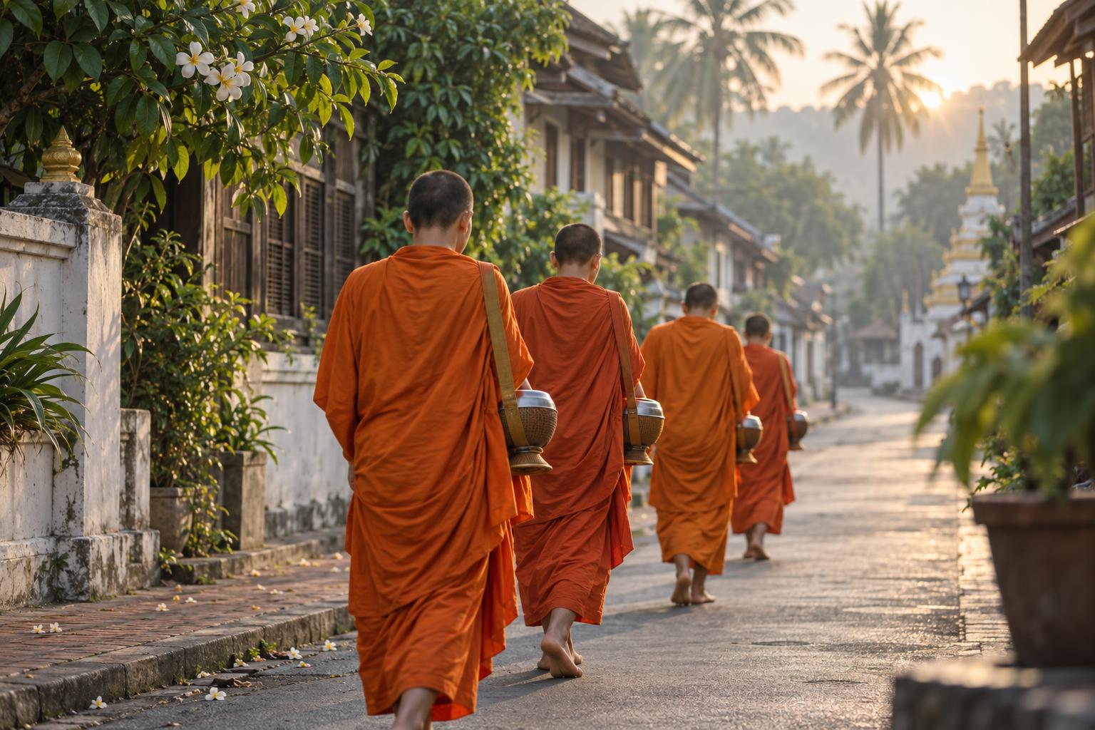 A quiet street at first light, a line of distant figures in saffron robes walking away along a low plaster wall through morning mist.