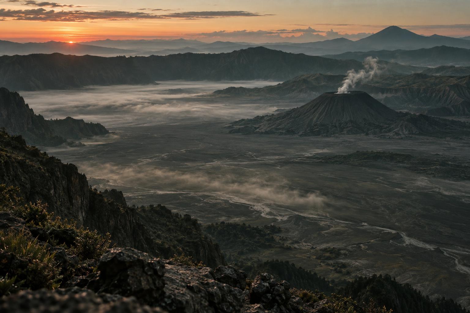 A vast volcanic caldera before sunrise, a flat sea of mist filling the basin and a cinder cone exhaling a thin plume.