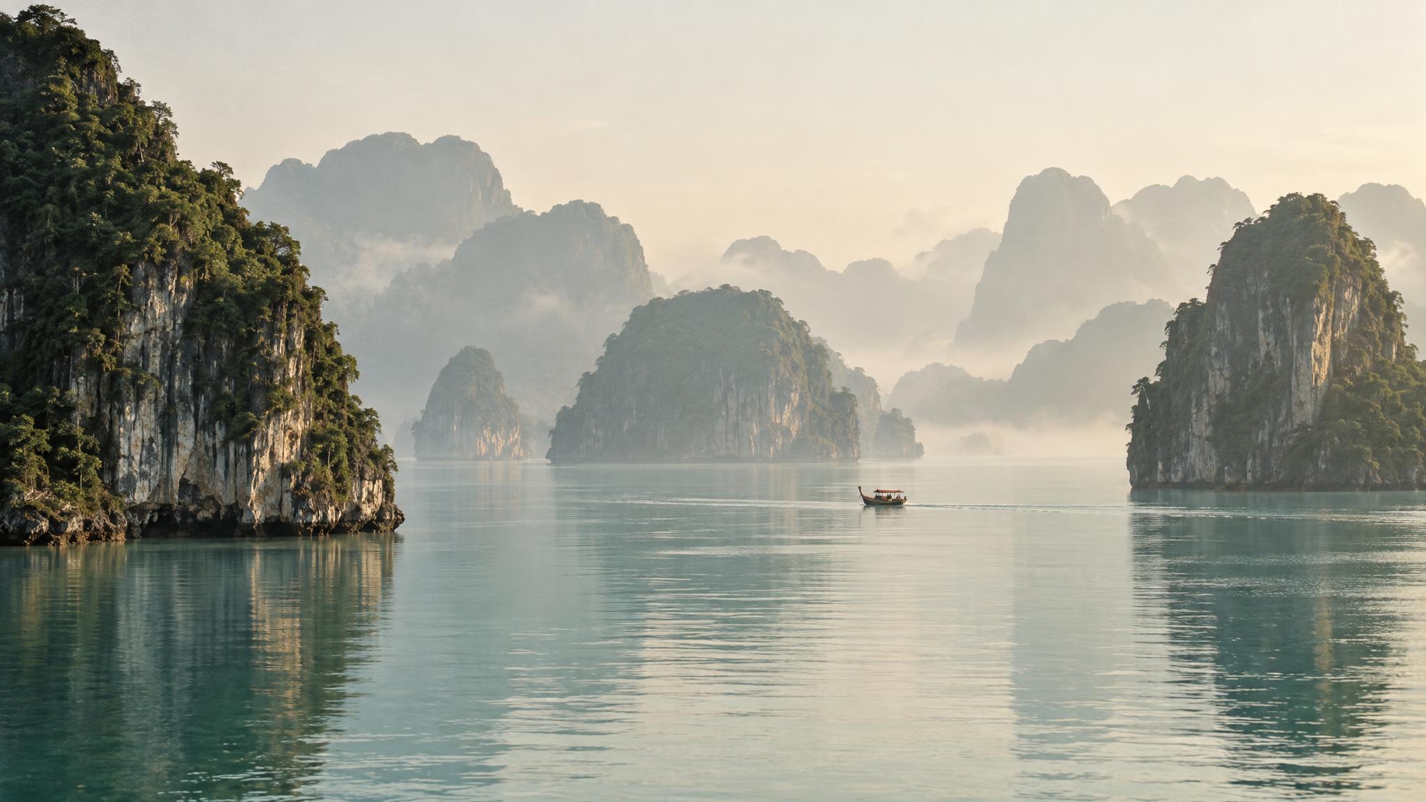 Limestone karst islands rising out of flat turquoise water in thick morning haze, a single longtail boat far out in the mid-distance.