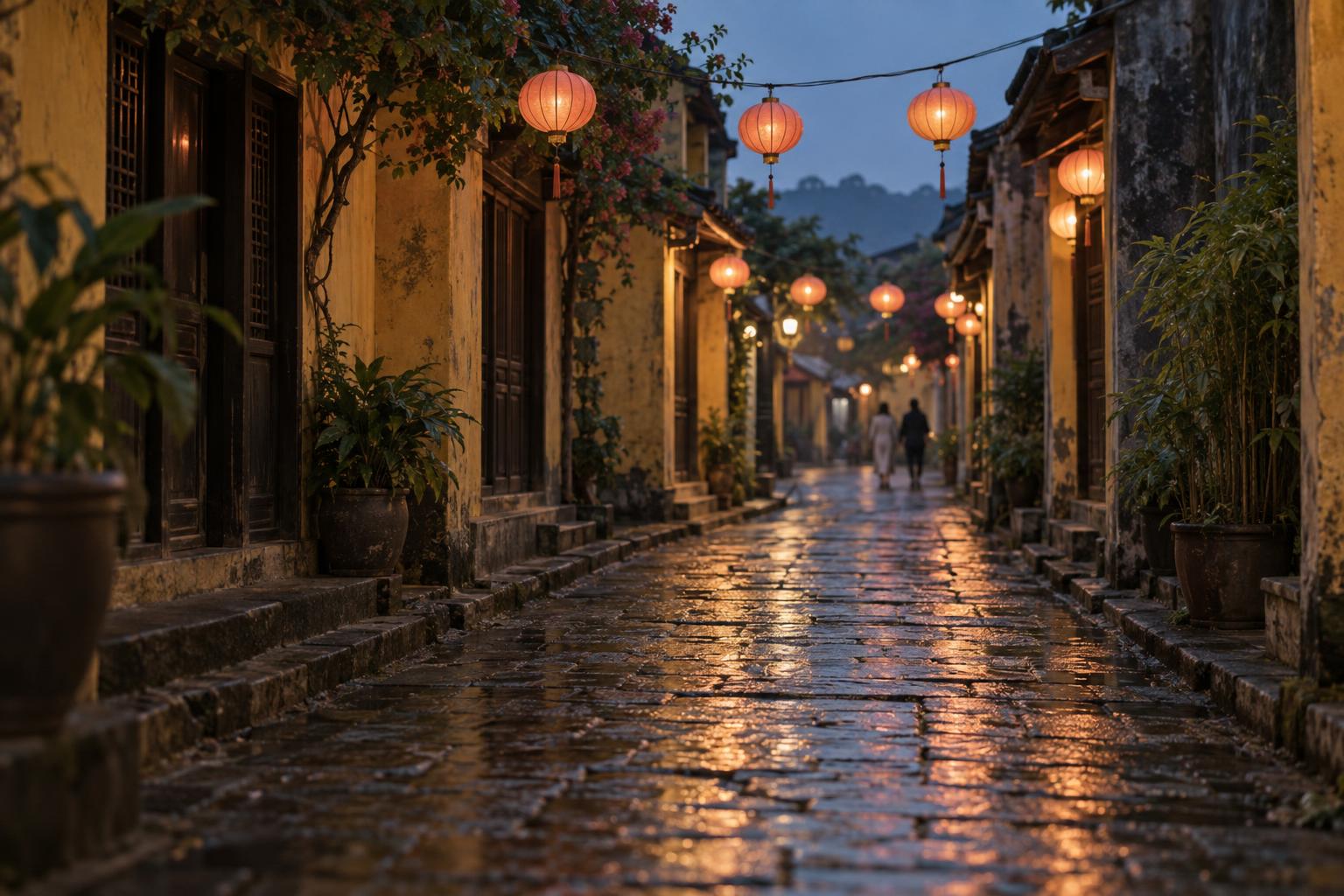 A narrow old-town street of low ochre shophouses at blue hour, strung with glowing round silk lanterns reflected on wet cobbles.