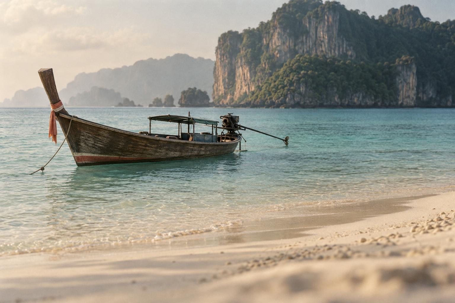 A wooden longtail boat with a faded terracotta hull stripe moored on flat turquoise shallows below a hazy limestone headland.