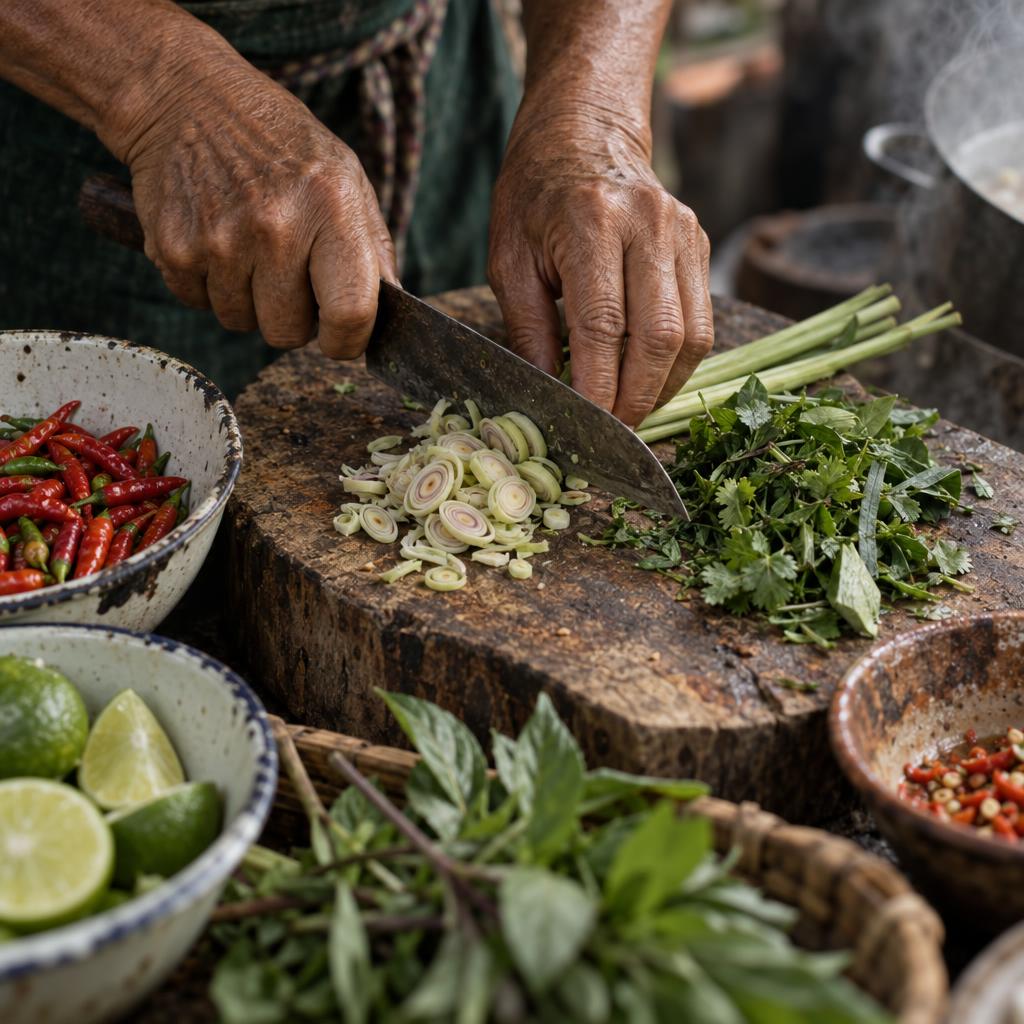 Two weathered hands trimming lemongrass and herbs on a worn wooden market block beside enamel bowls of chilli and lime.