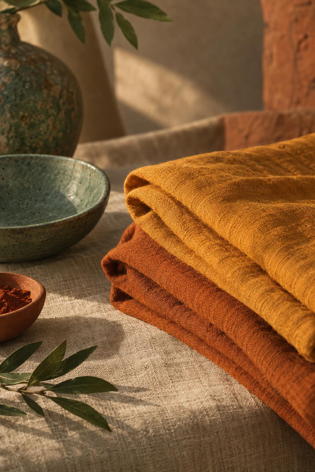 Folded saffron and ochre monastic cloth hanging on a line against a pale lime-plaster wall, one deeper terracotta fold catching the light.