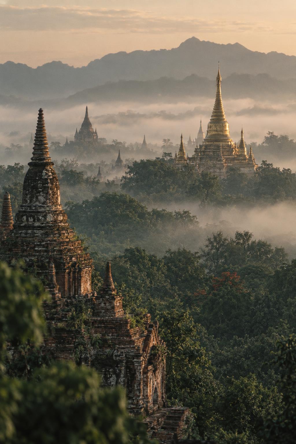 Weathered brick and gilded temple stupas rising above a layer of low valley mist at first light.