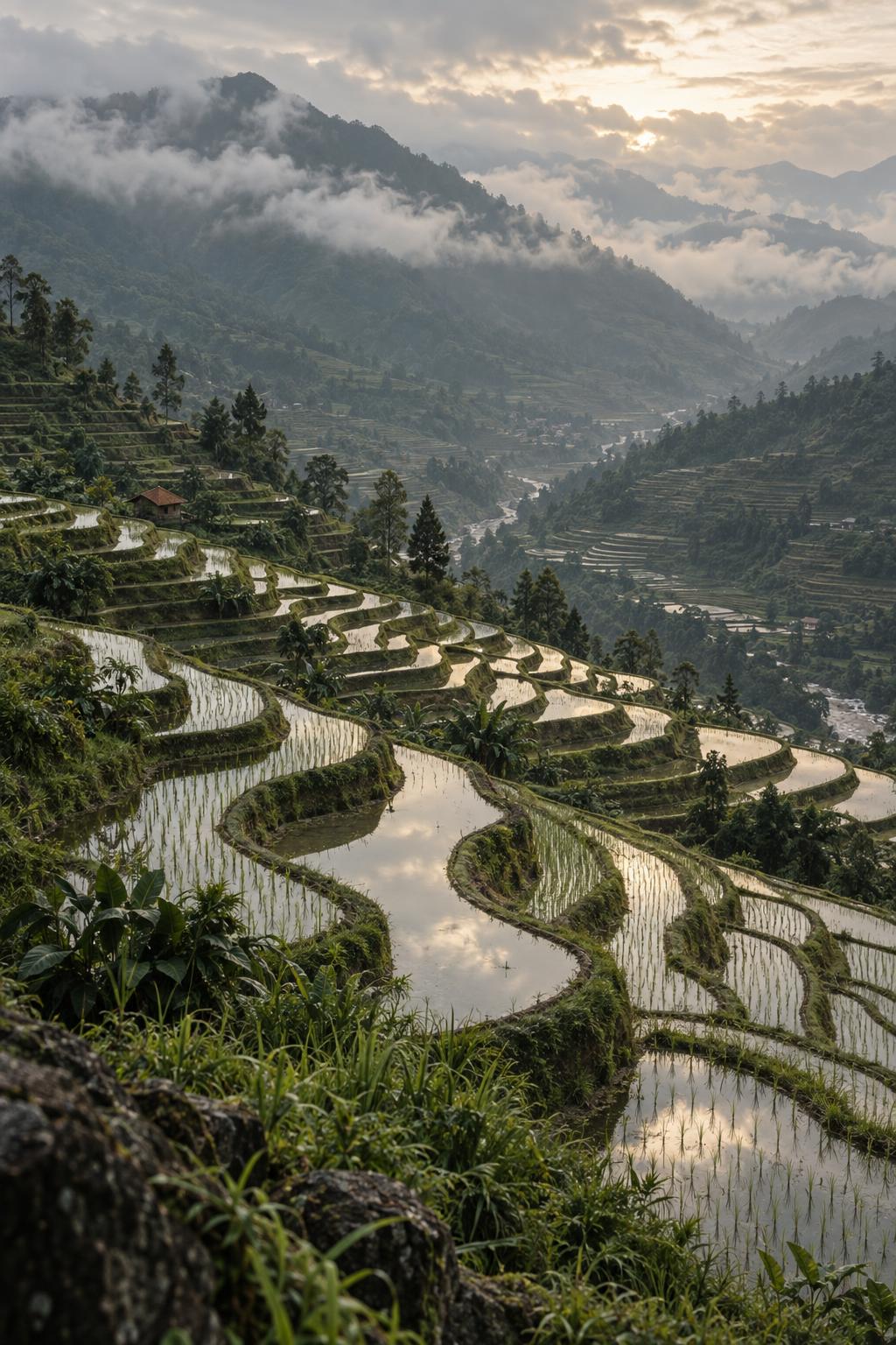 Flooded rice terraces stepping down a steep highland valley, each pane of water mirroring a pale sky.
